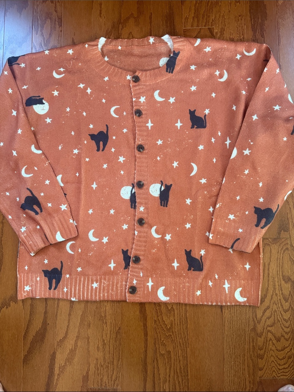 Black Cat Moon & Stars Cardigan Rusty Orange Halloween Sweater - Picture 6 of 10